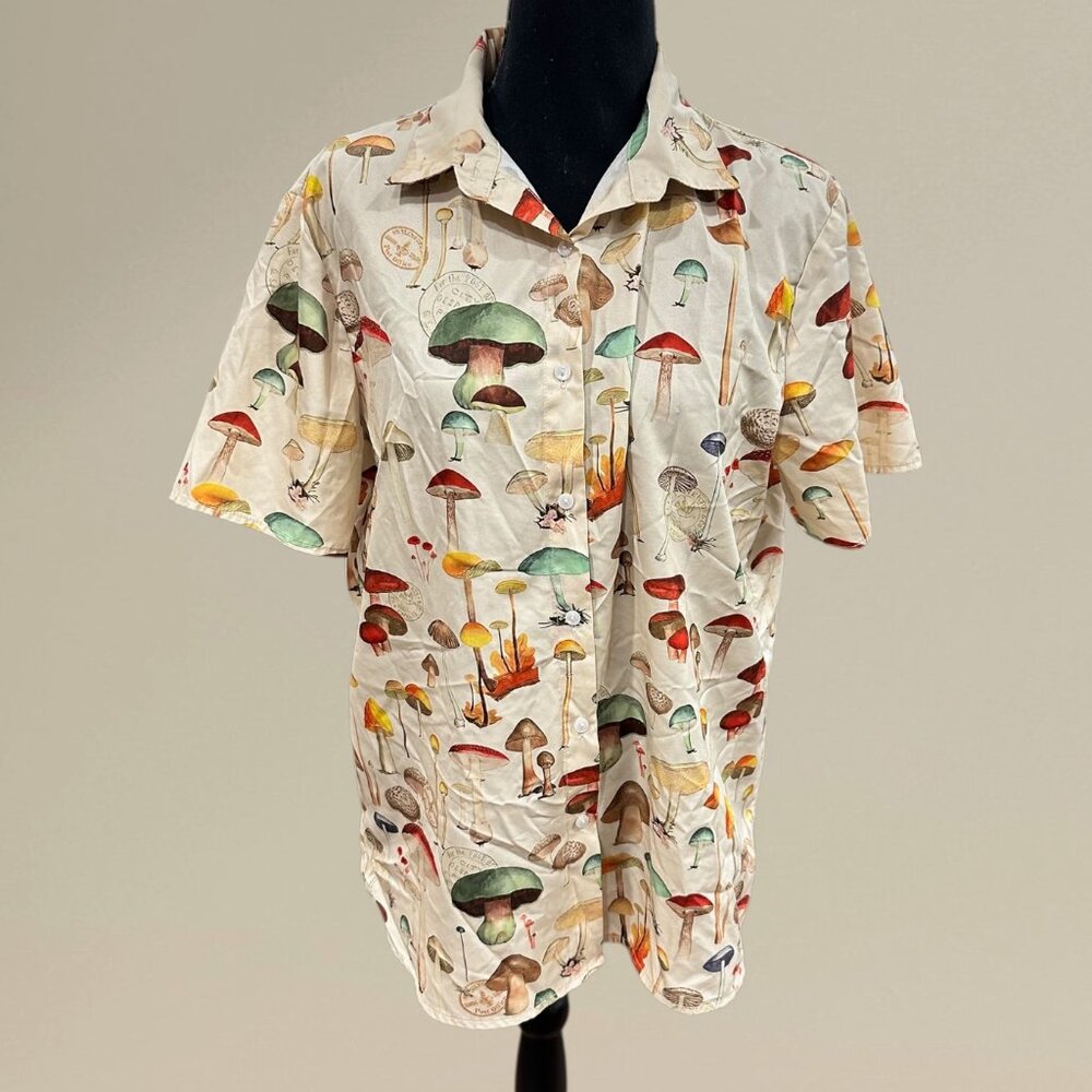 Whimsical Mushroom Print Button-Up Shirt 🍄